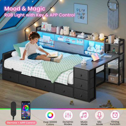 ADORNEVE Corner Bed Frame with Desk Storage Bookcase and 7 Drawers Twin Metal Kids Daybed with Charging Station and RGB Lights