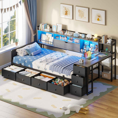 ADORNEVE Corner Bed Frame with Desk Storage Bookcase and 7 Drawers Twin Metal Kids Daybed with Charging Station and RGB Lights