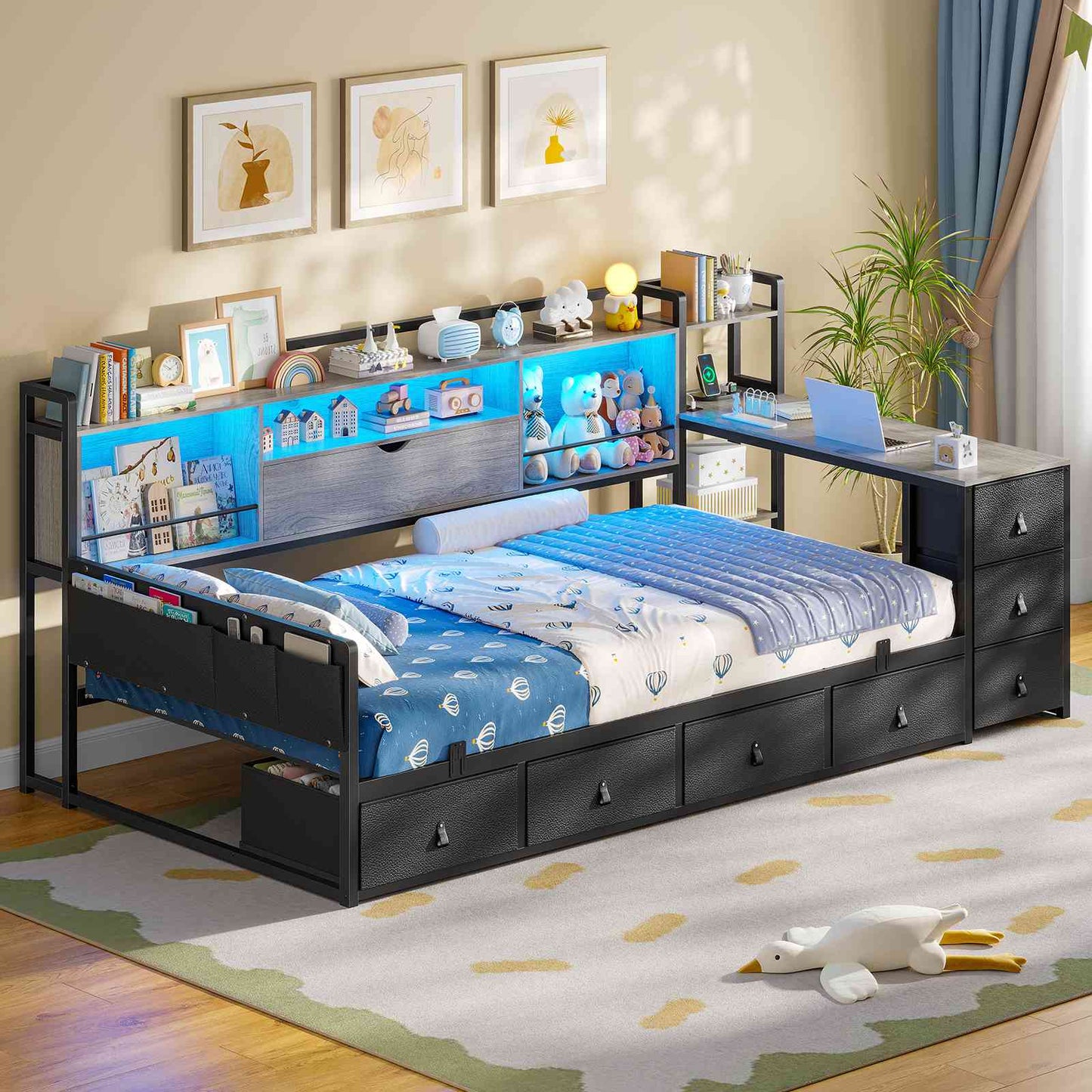 ADORNEVE Corner Bed Frame with Desk Storage Bookcase and 7 Drawers Twin Metal Kids Daybed with Charging Station and RGB Lights