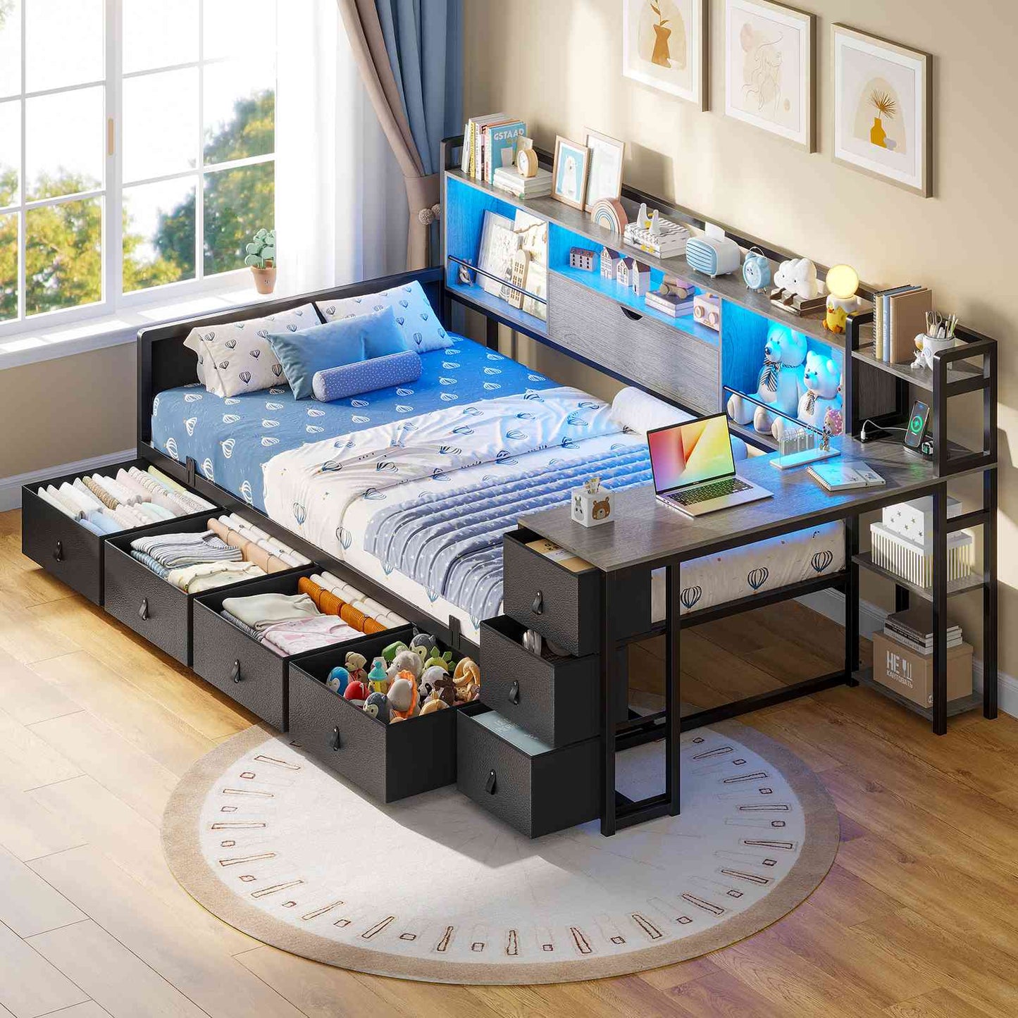 ADORNEVE Corner Bed Frame with Desk Storage Bookcase and 7 Drawers Twin Metal Kids Daybed with Charging Station and RGB Lights