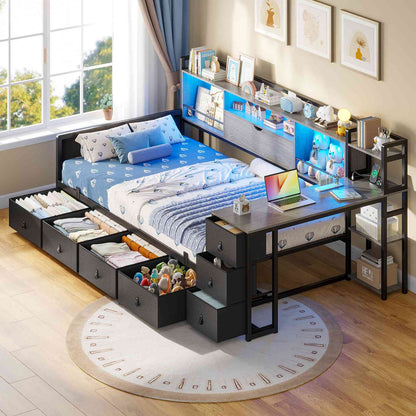 ADORNEVE Corner Bed Frame with Desk Storage Bookcase and 7 Drawers Twin Metal Kids Daybed with Charging Station and RGB Lights