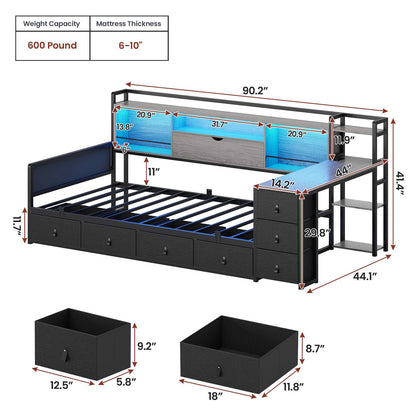 ADORNEVE Corner Bed Frame with Desk Storage Bookcase and 7 Drawers Twin Metal Kids Daybed with Charging Station and RGB Lights