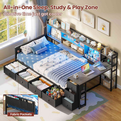 ADORNEVE Corner Bed Frame with Desk Storage Bookcase and 7 Drawers Twin Metal Kids Daybed with Charging Station and RGB Lights