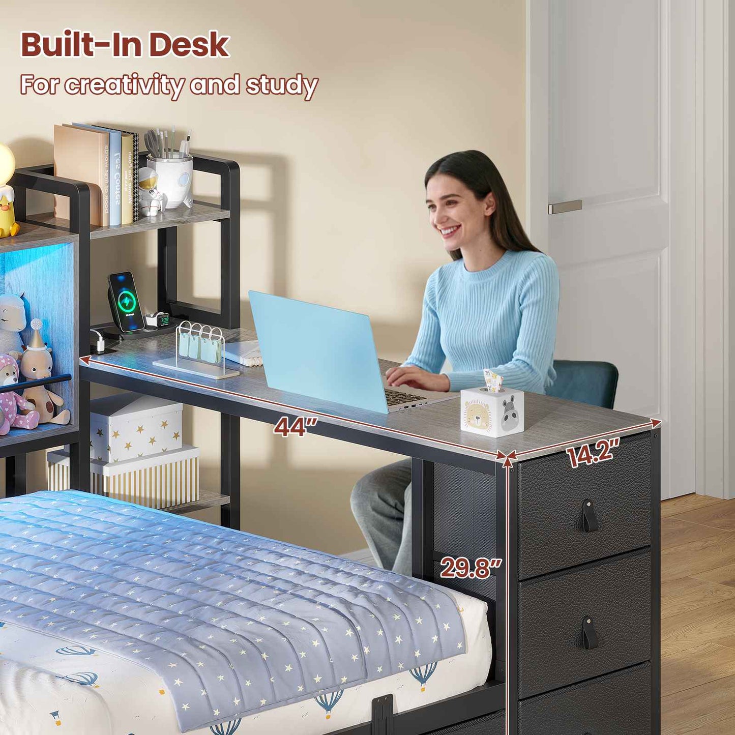 ADORNEVE Corner Bed Frame with Desk Storage Bookcase and 7 Drawers Twin Metal Kids Daybed with Charging Station and RGB Lights