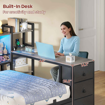 ADORNEVE Corner Bed Frame with Desk Storage Bookcase and 7 Drawers Twin Metal Kids Daybed with Charging Station and RGB Lights