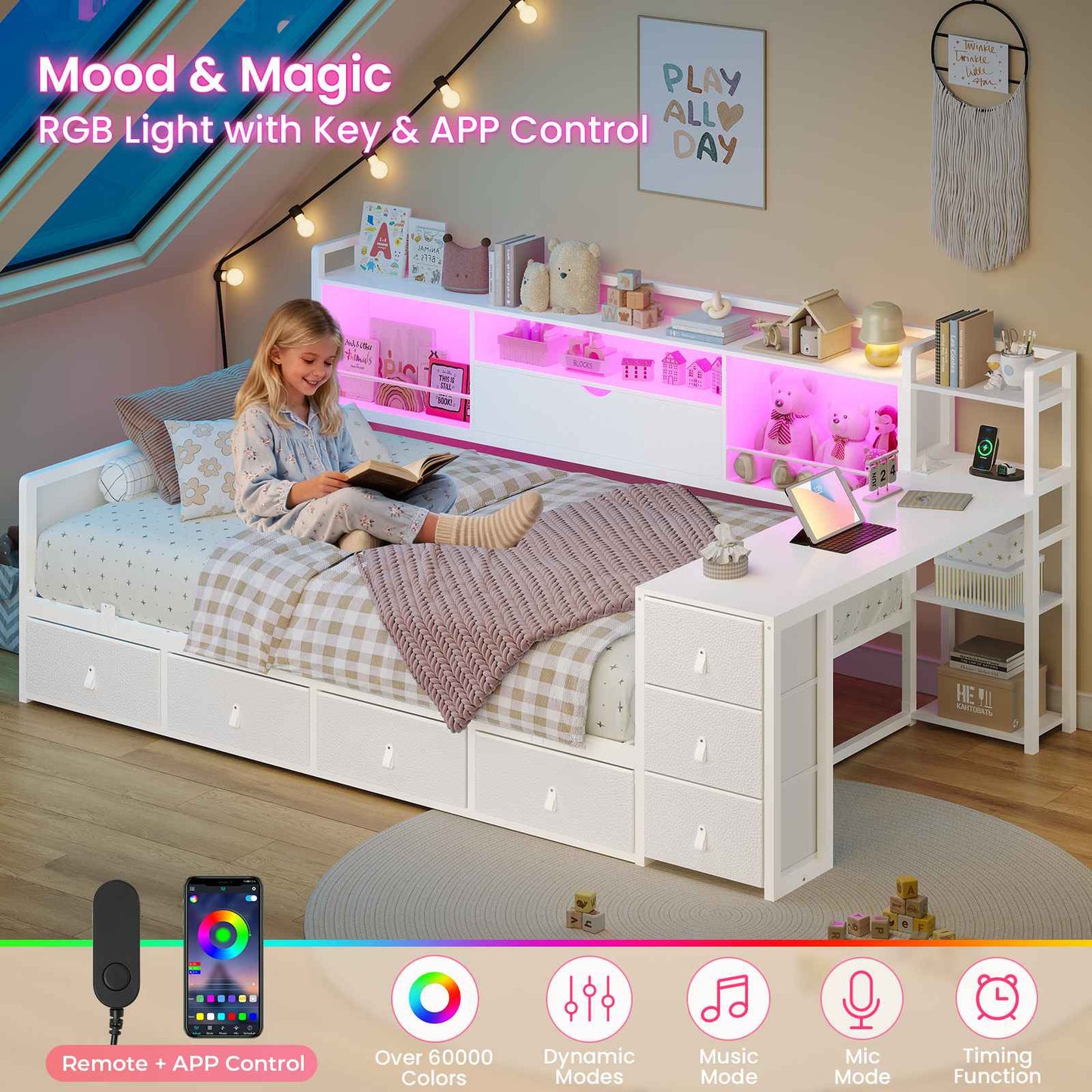 ADORNEVE Corner Bed Frame with Desk Storage Bookcase and 7 Drawers Twin Metal Kids Daybed with Charging Station and RGB Lights