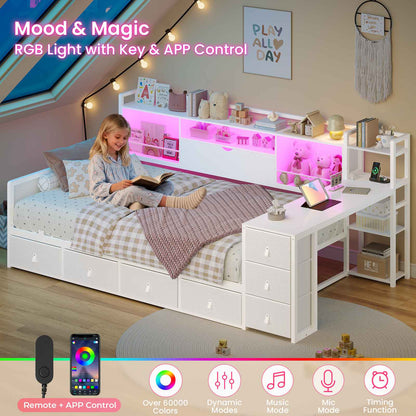 ADORNEVE Corner Bed Frame with Desk Storage Bookcase and 7 Drawers Twin Metal Kids Daybed with Charging Station and RGB Lights