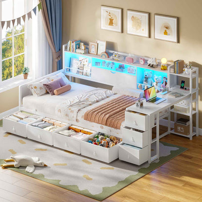 ADORNEVE Corner Bed Frame with Desk Storage Bookcase and 7 Drawers Twin Metal Kids Daybed with Charging Station and RGB Lights