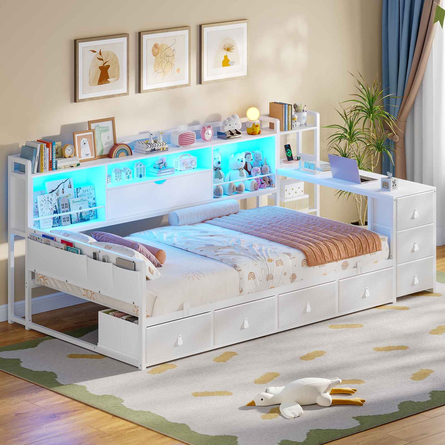 ADORNEVE Corner Bed Frame with Desk Storage Bookcase and 7 Drawers Twin Metal Kids Daybed with Charging Station and RGB Lights