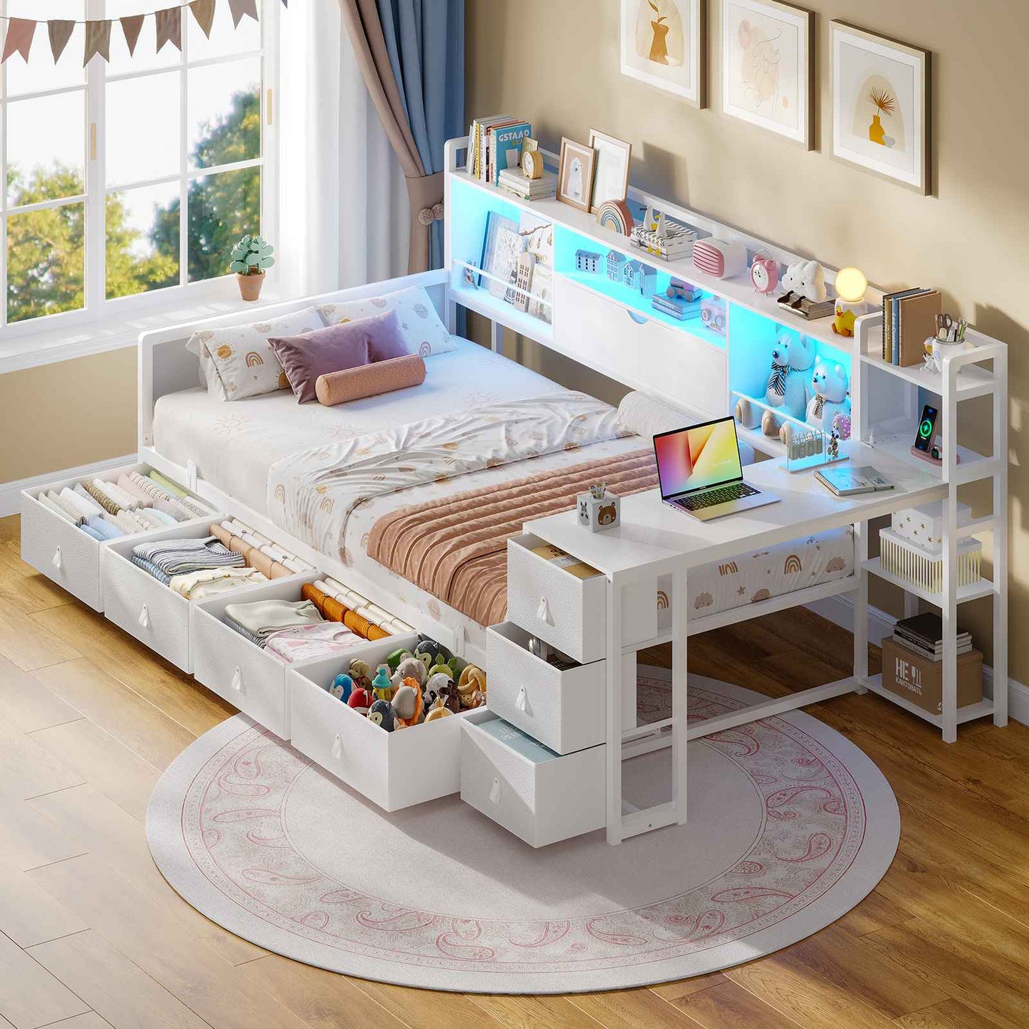 ADORNEVE Corner Bed Frame with Desk Storage Bookcase and 7 Drawers Twin Metal Kids Daybed with Charging Station and RGB Lights