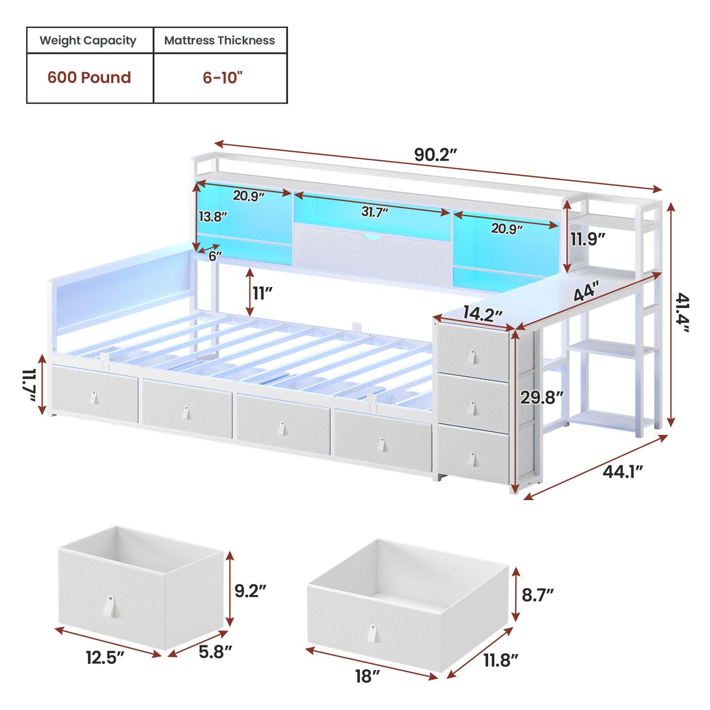 ADORNEVE Corner Bed Frame with Desk Storage Bookcase and 7 Drawers Twin Metal Kids Daybed with Charging Station and RGB Lights