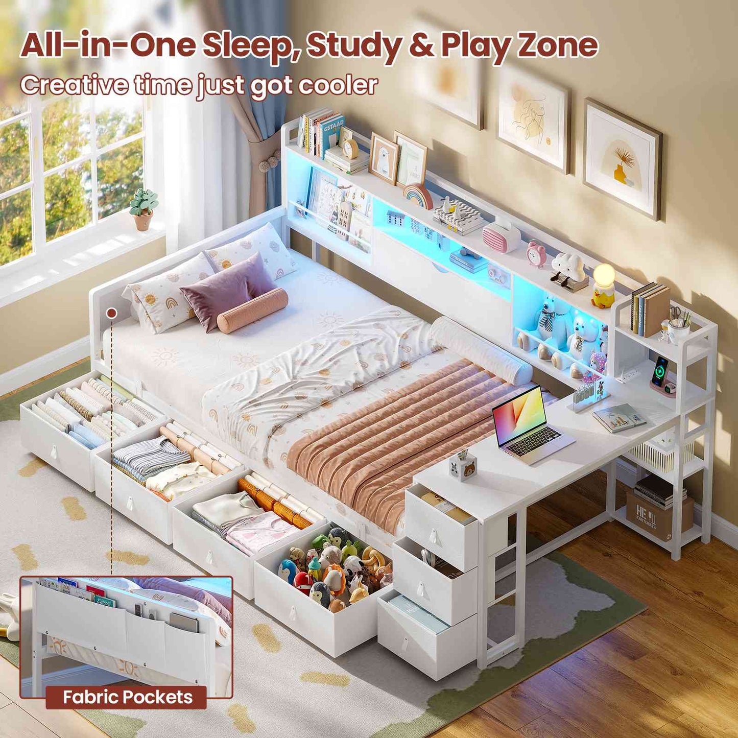 ADORNEVE Corner Bed Frame with Desk Storage Bookcase and 7 Drawers Twin Metal Kids Daybed with Charging Station and RGB Lights