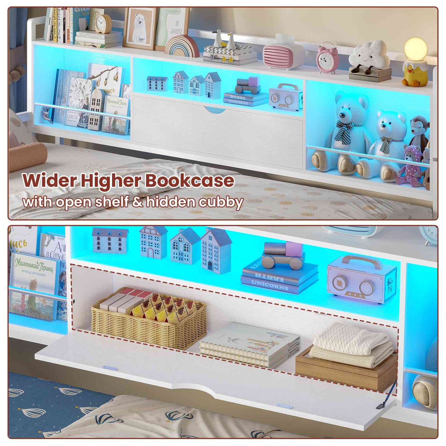 ADORNEVE Corner Bed Frame with Desk Storage Bookcase and 7 Drawers Twin Metal Kids Daybed with Charging Station and RGB Lights