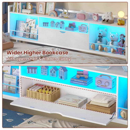 ADORNEVE Corner Bed Frame with Desk Storage Bookcase and 7 Drawers Twin Metal Kids Daybed with Charging Station and RGB Lights