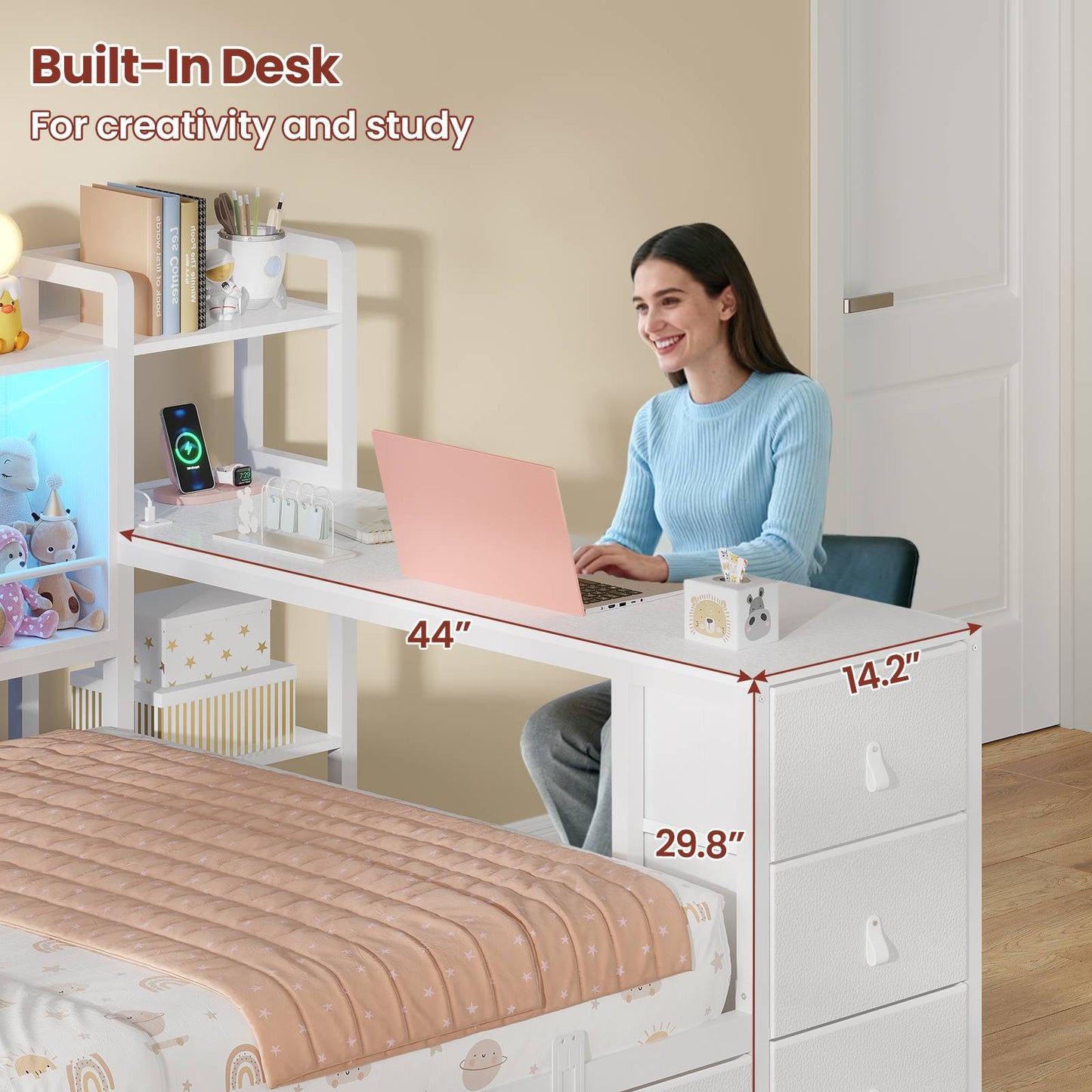 ADORNEVE Corner Bed Frame with Desk Storage Bookcase and 7 Drawers Twin Metal Kids Daybed with Charging Station and RGB Lights