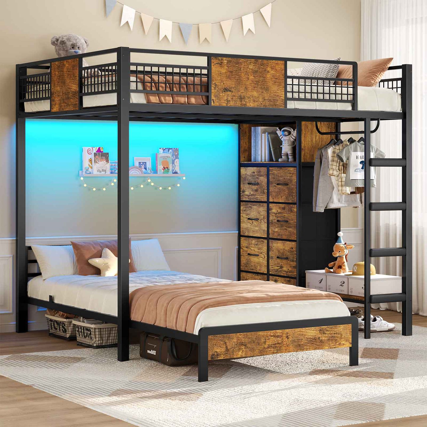 ADORNEVE Full Over Twin Bunk Bed with 8 Storage Drawers and Led Lights Metal Kids Loft Bed with Shelves and Safety Guardrail