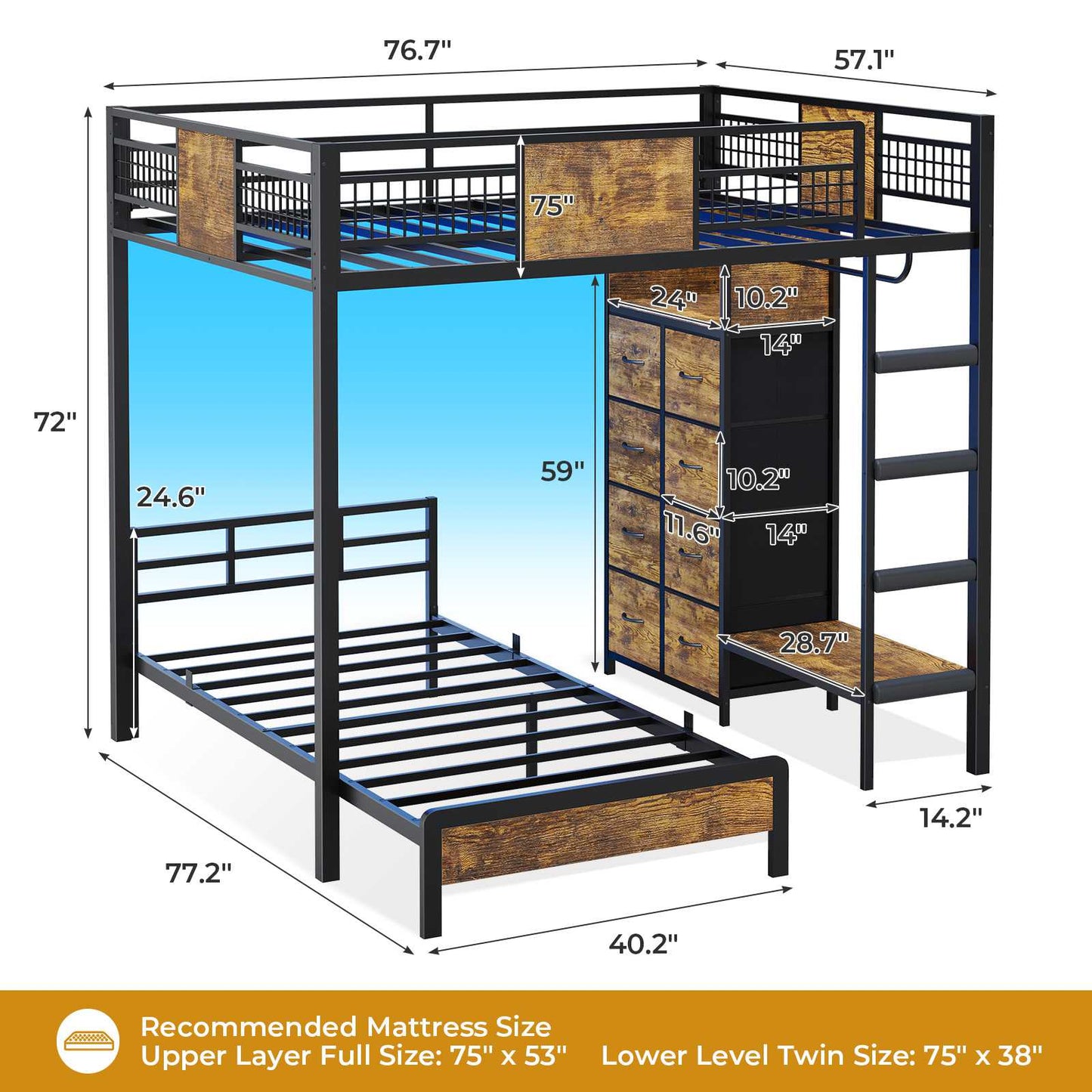 ADORNEVE Full Over Twin Bunk Bed with 8 Storage Drawers and Led Lights Metal Kids Loft Bed with Shelves and Safety Guardrail