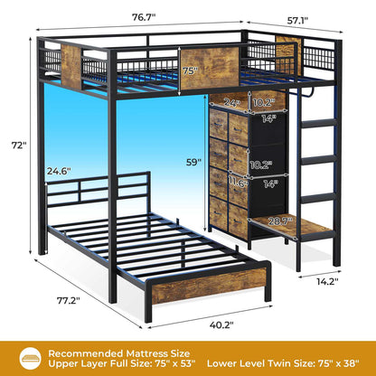 ADORNEVE Full Over Twin Bunk Bed with 8 Storage Drawers and Led Lights Metal Kids Loft Bed with Shelves and Safety Guardrail