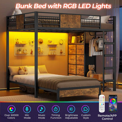ADORNEVE Full Over Twin Bunk Bed with 8 Storage Drawers and Led Lights Metal Kids Loft Bed with Shelves and Safety Guardrail