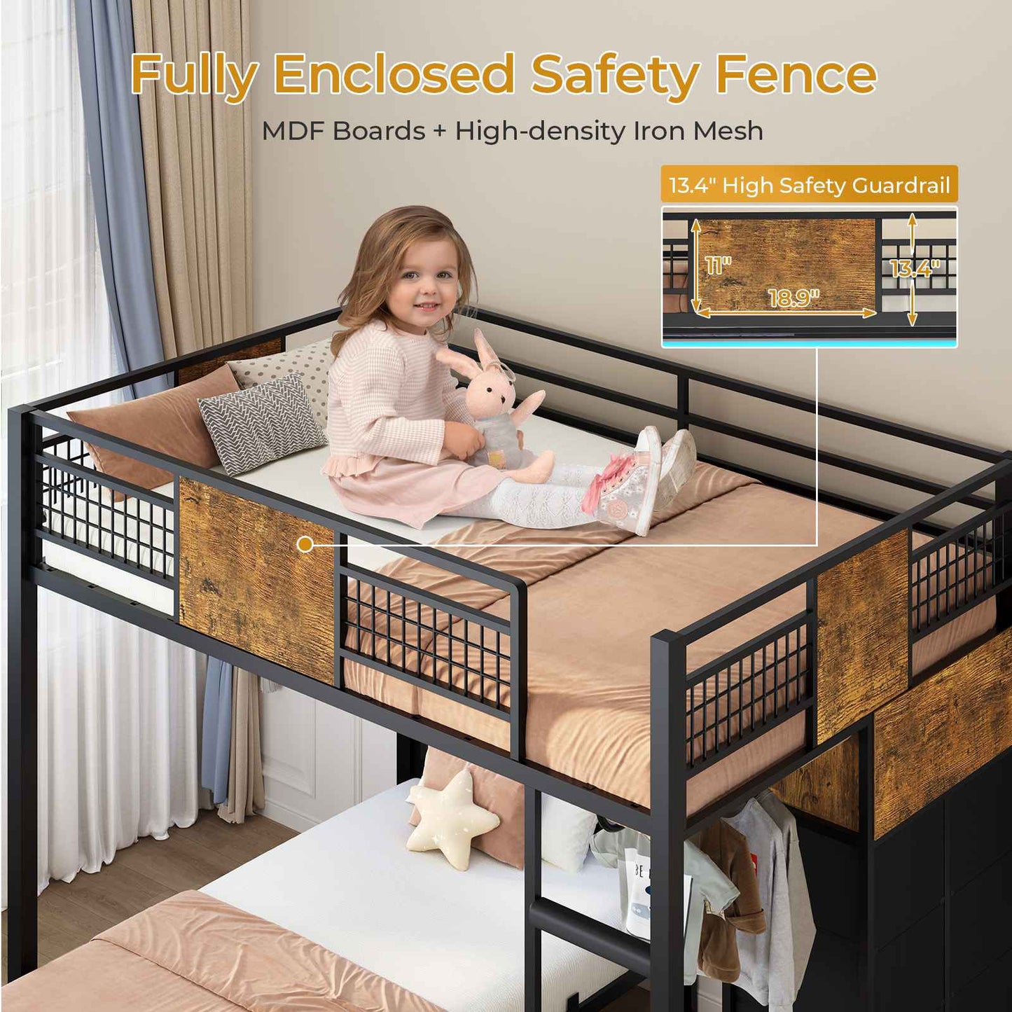 ADORNEVE Full Over Twin Bunk Bed with 8 Storage Drawers and Led Lights Metal Kids Loft Bed with Shelves and Safety Guardrail