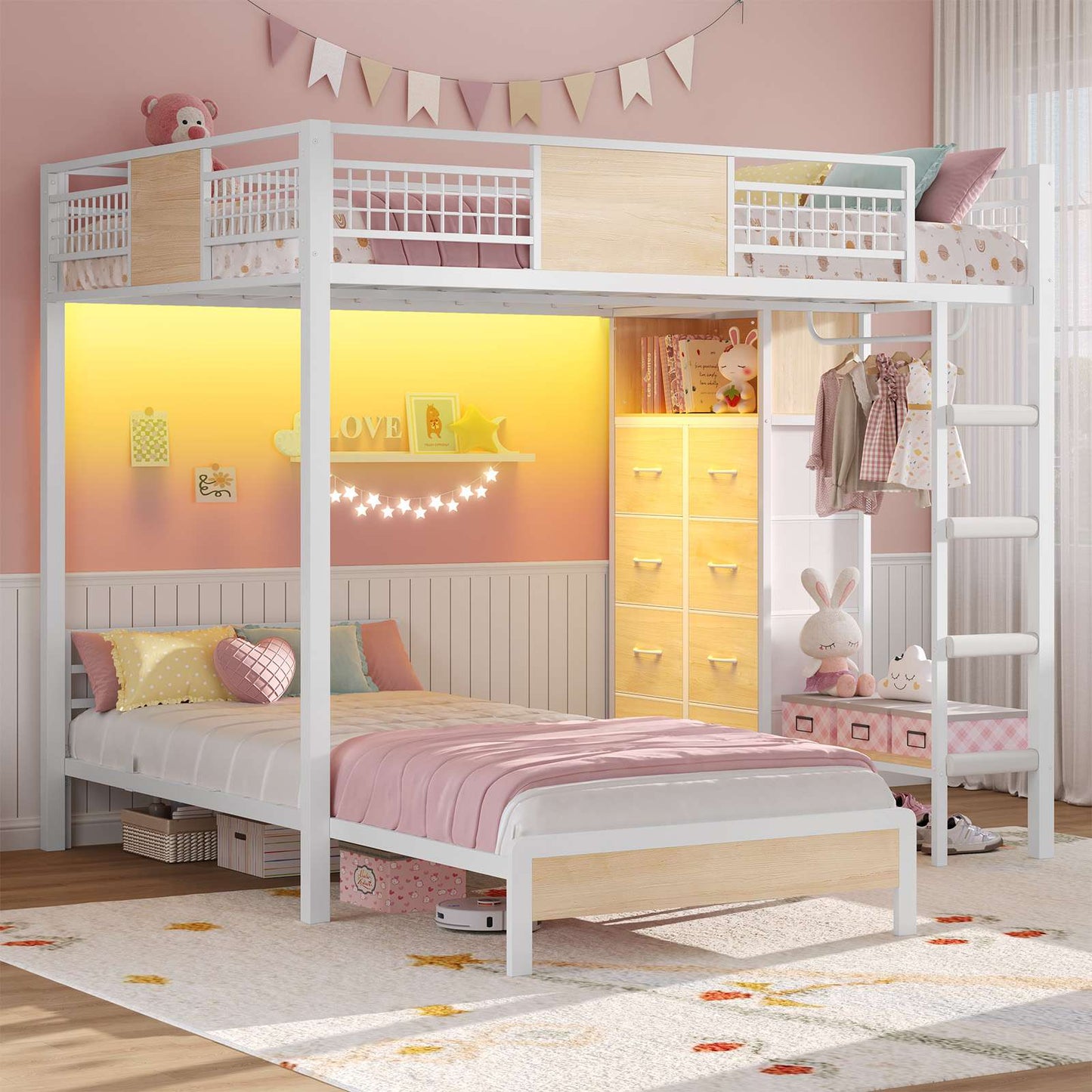 ADORNEVE Full Over Twin Bunk Bed with 8 Storage Drawers and Led Lights Metal Kids Loft Bed with Shelves and Safety Guardrail