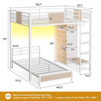 ADORNEVE Full Over Twin Bunk Bed with 8 Storage Drawers and Led Lights Metal Kids Loft Bed with Shelves and Safety Guardrail
