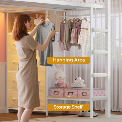 ADORNEVE Full Over Twin Bunk Bed with 8 Storage Drawers and Led Lights Metal Kids Loft Bed with Shelves and Safety Guardrail