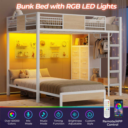 ADORNEVE Full Over Twin Bunk Bed with 8 Storage Drawers and Led Lights Metal Kids Loft Bed with Shelves and Safety Guardrail