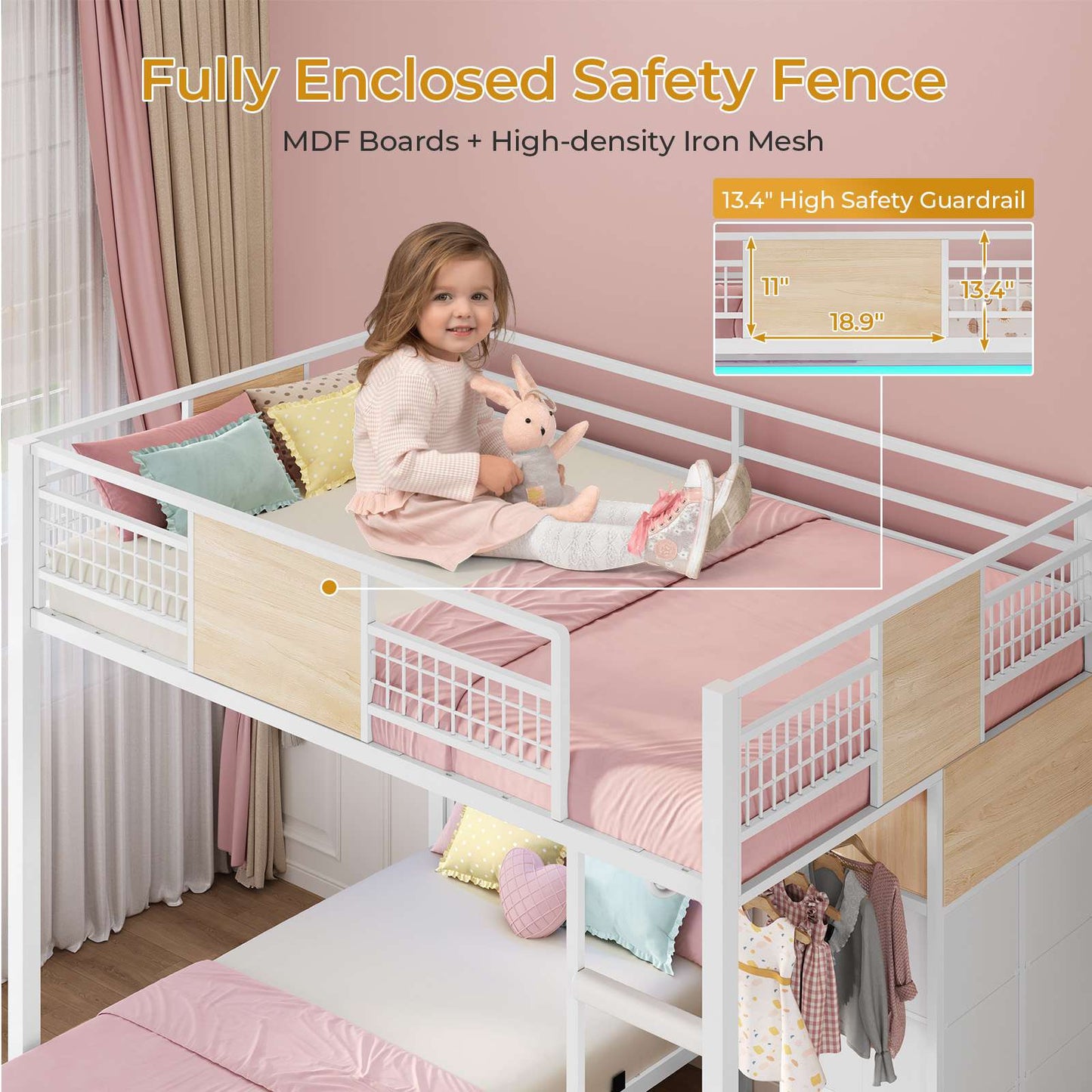 ADORNEVE Full Over Twin Bunk Bed with 8 Storage Drawers and Led Lights Metal Kids Loft Bed with Shelves and Safety Guardrail