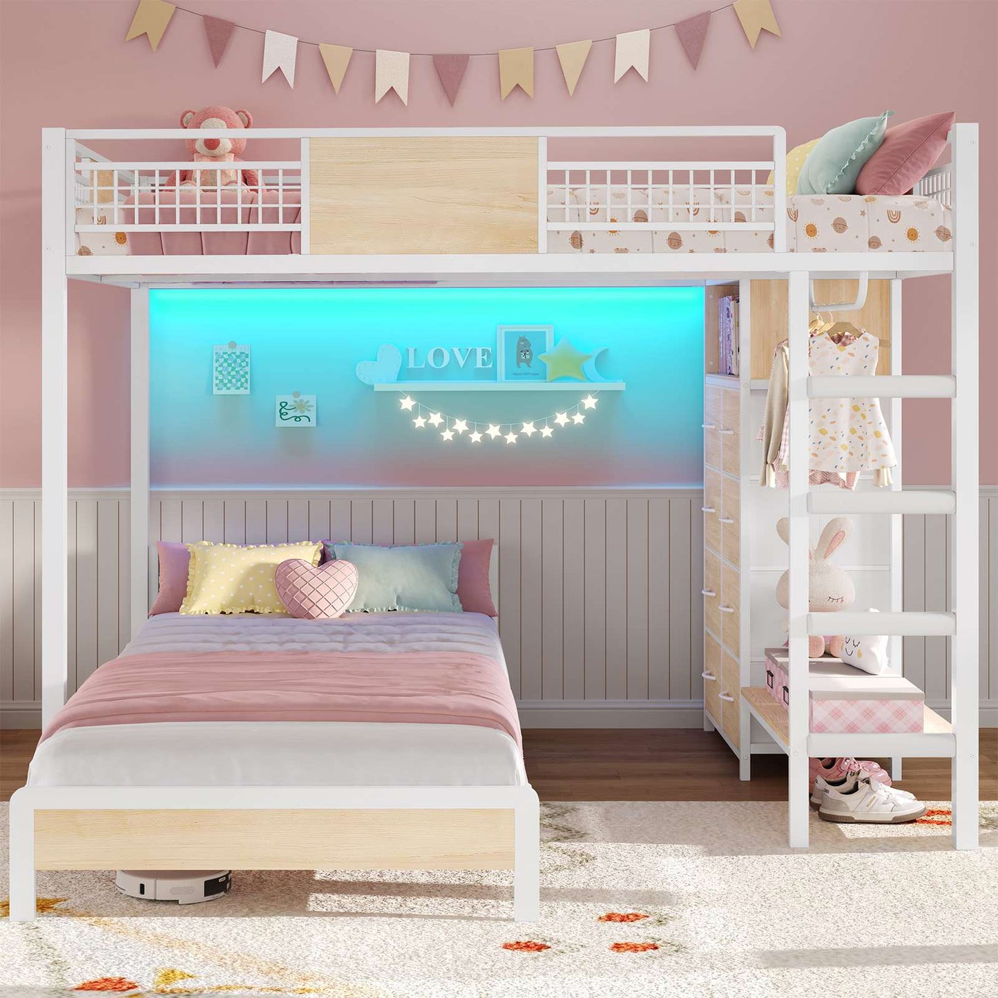 ADORNEVE Full Over Twin Bunk Bed with 8 Storage Drawers and Led Lights Metal Kids Loft Bed with Shelves and Safety Guardrail