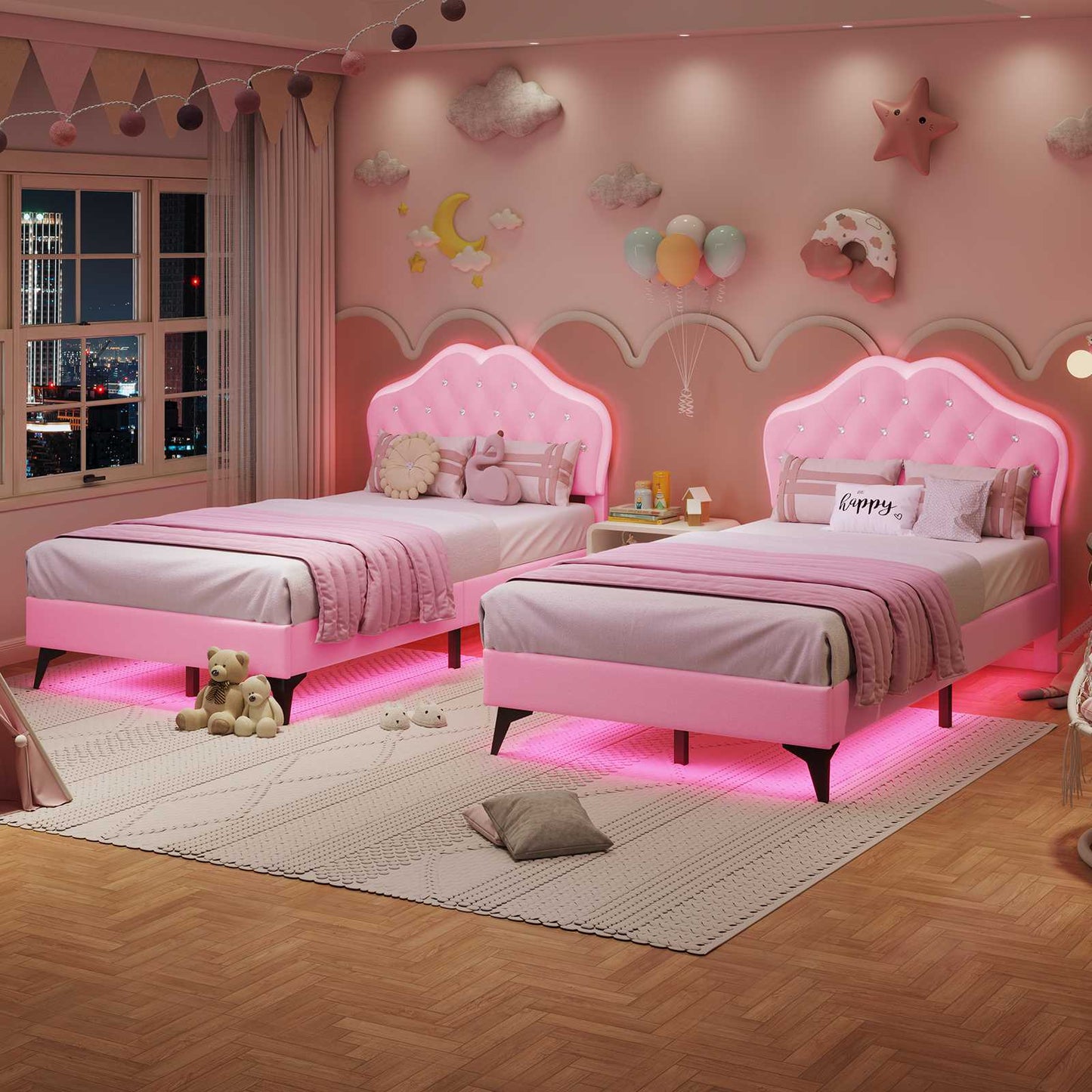 ADORNEVE Twin Upholstered LED Bed Frame with Crystal Button Headboard Girls Bed with Velvet Princess Platform and Solid Wooden Slats