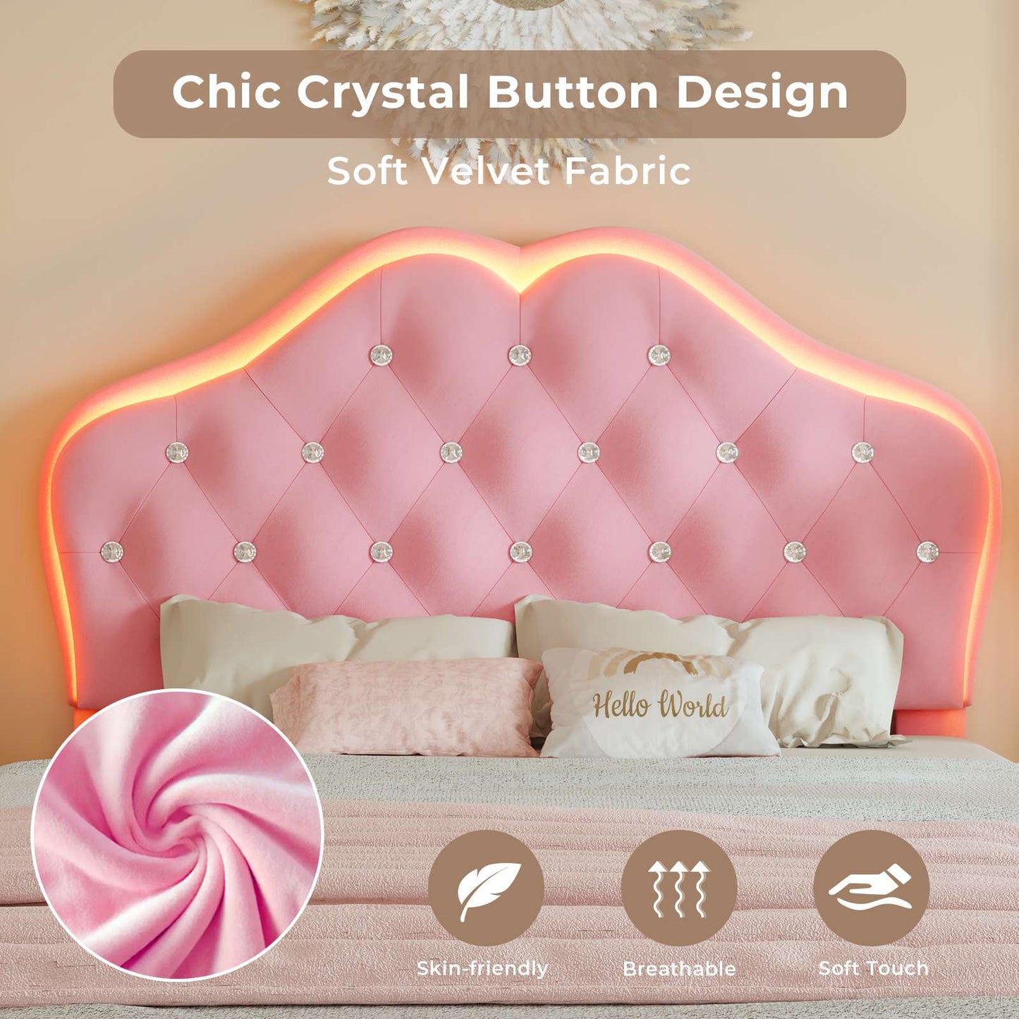 ADORNEVE Twin Upholstered LED Bed Frame with Crystal Button Headboard Girls Bed with Velvet Princess Platform and Solid Wooden Slats