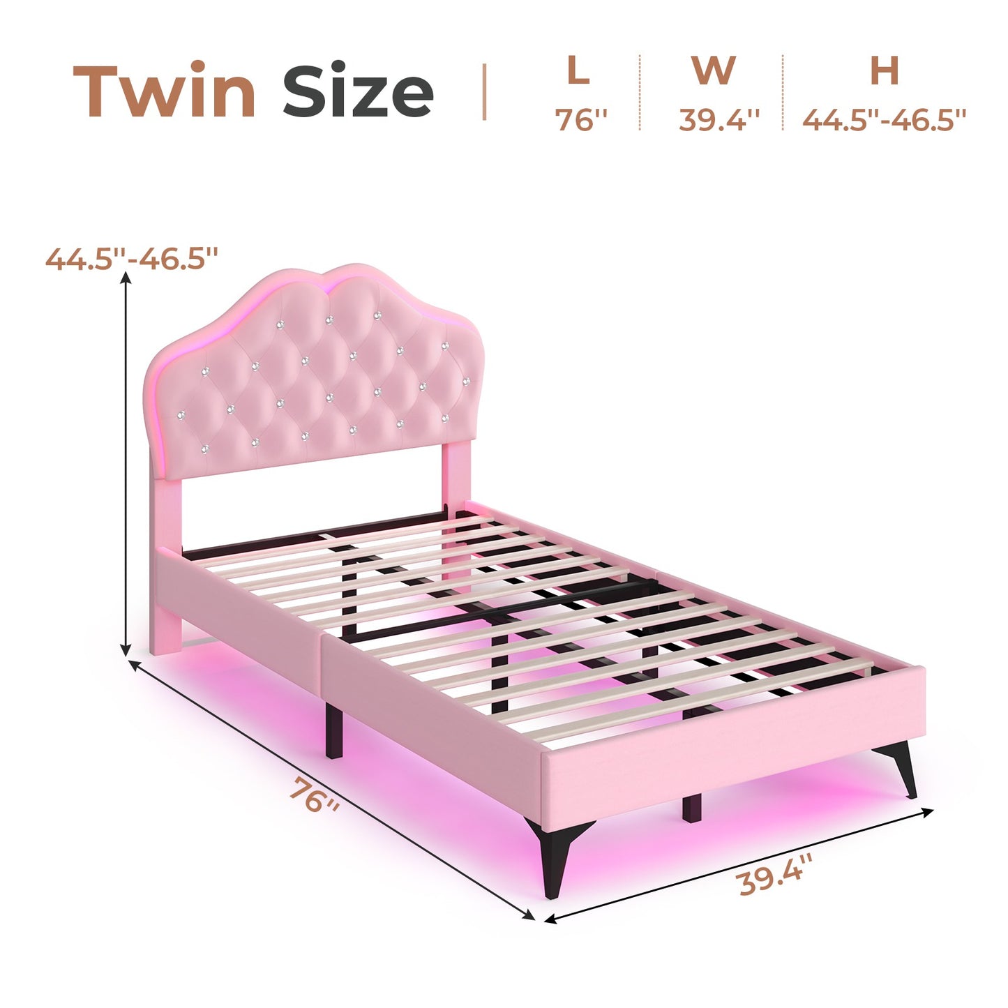 ADORNEVE Twin Upholstered LED Bed Frame with Crystal Button Headboard Girls Bed with Velvet Princess Platform and Solid Wooden Slats