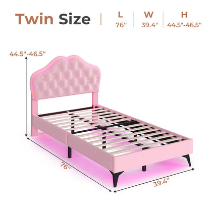 ADORNEVE Twin Upholstered LED Bed Frame with Crystal Button Headboard Girls Bed with Velvet Princess Platform and Solid Wooden Slats