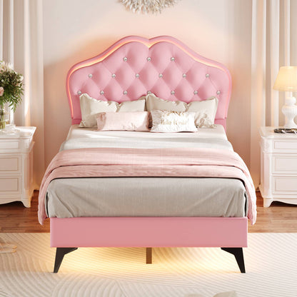 ADORNEVE Twin Upholstered LED Bed Frame with Crystal Button Headboard Girls Bed with Velvet Princess Platform and Solid Wooden Slats