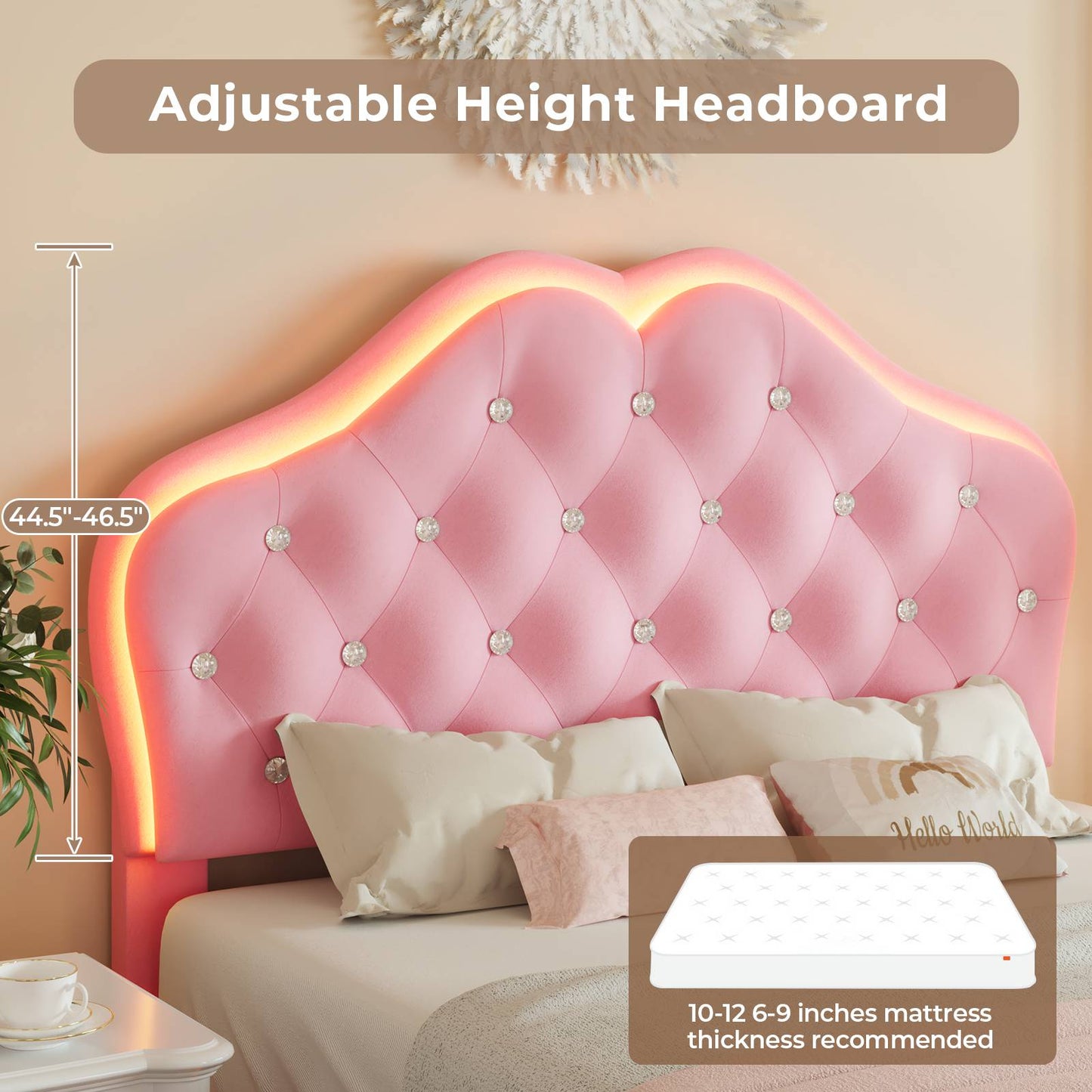 ADORNEVE Twin Upholstered LED Bed Frame with Crystal Button Headboard Girls Bed with Velvet Princess Platform and Solid Wooden Slats