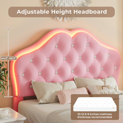 ADORNEVE Twin Upholstered LED Bed Frame with Crystal Button Headboard Girls Bed with Velvet Princess Platform and Solid Wooden Slats