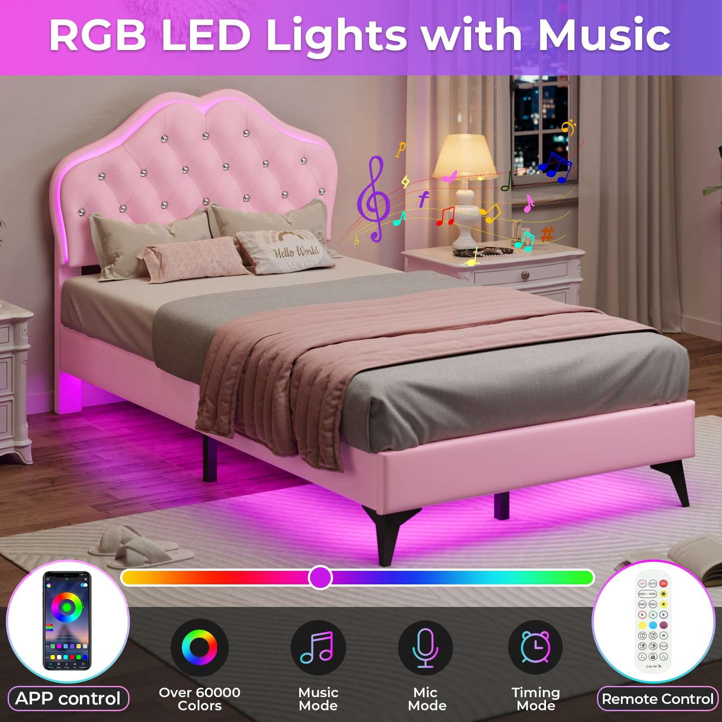 ADORNEVE Twin Upholstered LED Bed Frame with Crystal Button Headboard Girls Bed with Velvet Princess Platform and Solid Wooden Slats
