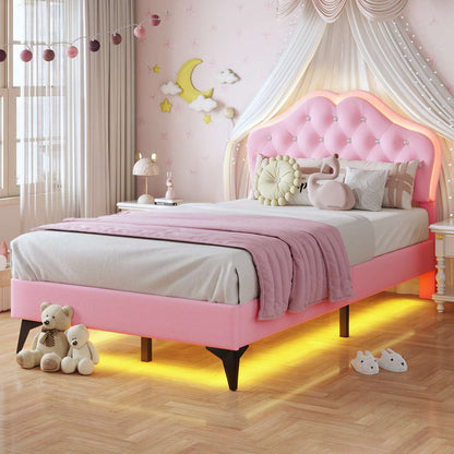 ADORNEVE Twin Upholstered LED Bed Frame with Crystal Button Headboard Girls Bed with Velvet Princess Platform and Solid Wooden Slats