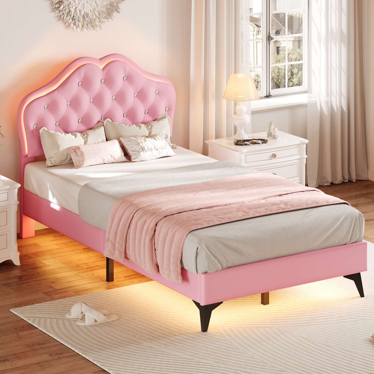 ADORNEVE Twin Upholstered LED Bed Frame with Crystal Button Headboard Girls Bed with Velvet Princess Platform and Solid Wooden Slats