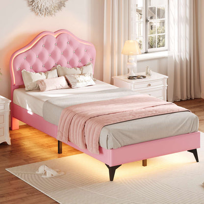 ADORNEVE Twin Upholstered LED Bed Frame with Crystal Button Headboard Girls Bed with Velvet Princess Platform and Solid Wooden Slats