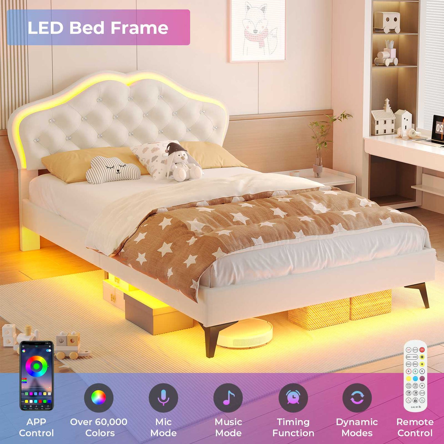 ADORNEVE Twin Upholstered LED Bed Frame with Crystal Button Headboard Girls Bed with Velvet Princess Platform and Solid Wooden Slats