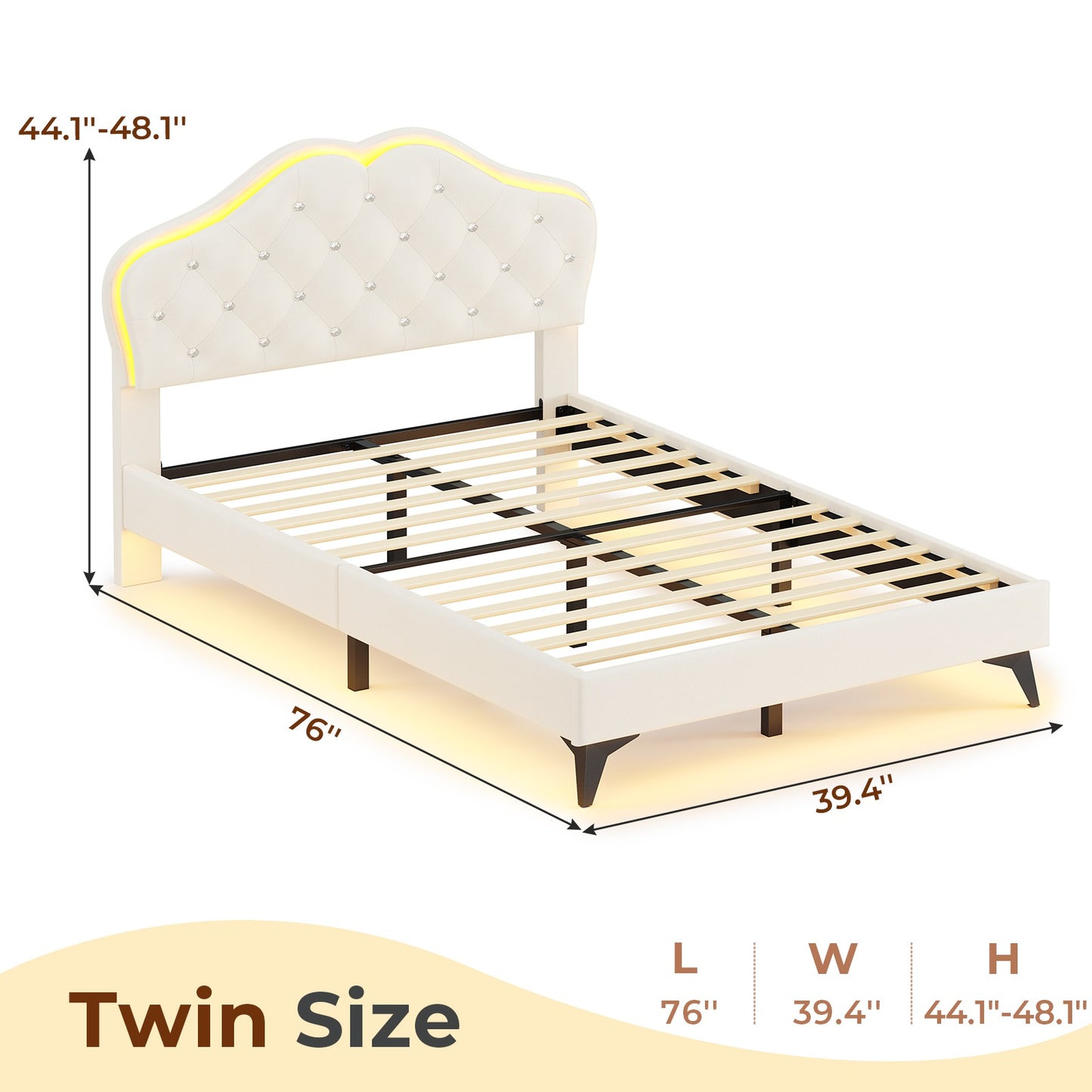 ADORNEVE Twin Upholstered LED Bed Frame with Crystal Button Headboard Girls Bed with Velvet Princess Platform and Solid Wooden Slats