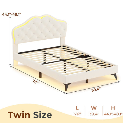 ADORNEVE Twin Upholstered LED Bed Frame with Crystal Button Headboard Girls Bed with Velvet Princess Platform and Solid Wooden Slats