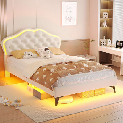 ADORNEVE Twin Upholstered LED Bed Frame with Crystal Button Headboard Girls Bed with Velvet Princess Platform and Solid Wooden Slats