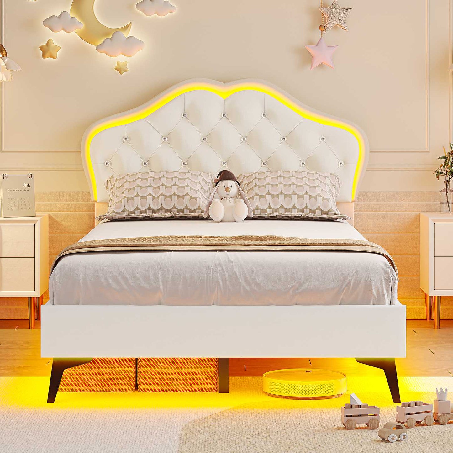 ADORNEVE Twin Upholstered LED Bed Frame with Crystal Button Headboard Girls Bed with Velvet Princess Platform and Solid Wooden Slats