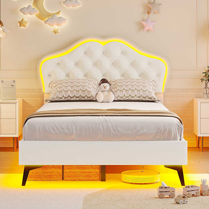 ADORNEVE Twin Upholstered LED Bed Frame with Crystal Button Headboard Girls Bed with Velvet Princess Platform and Solid Wooden Slats