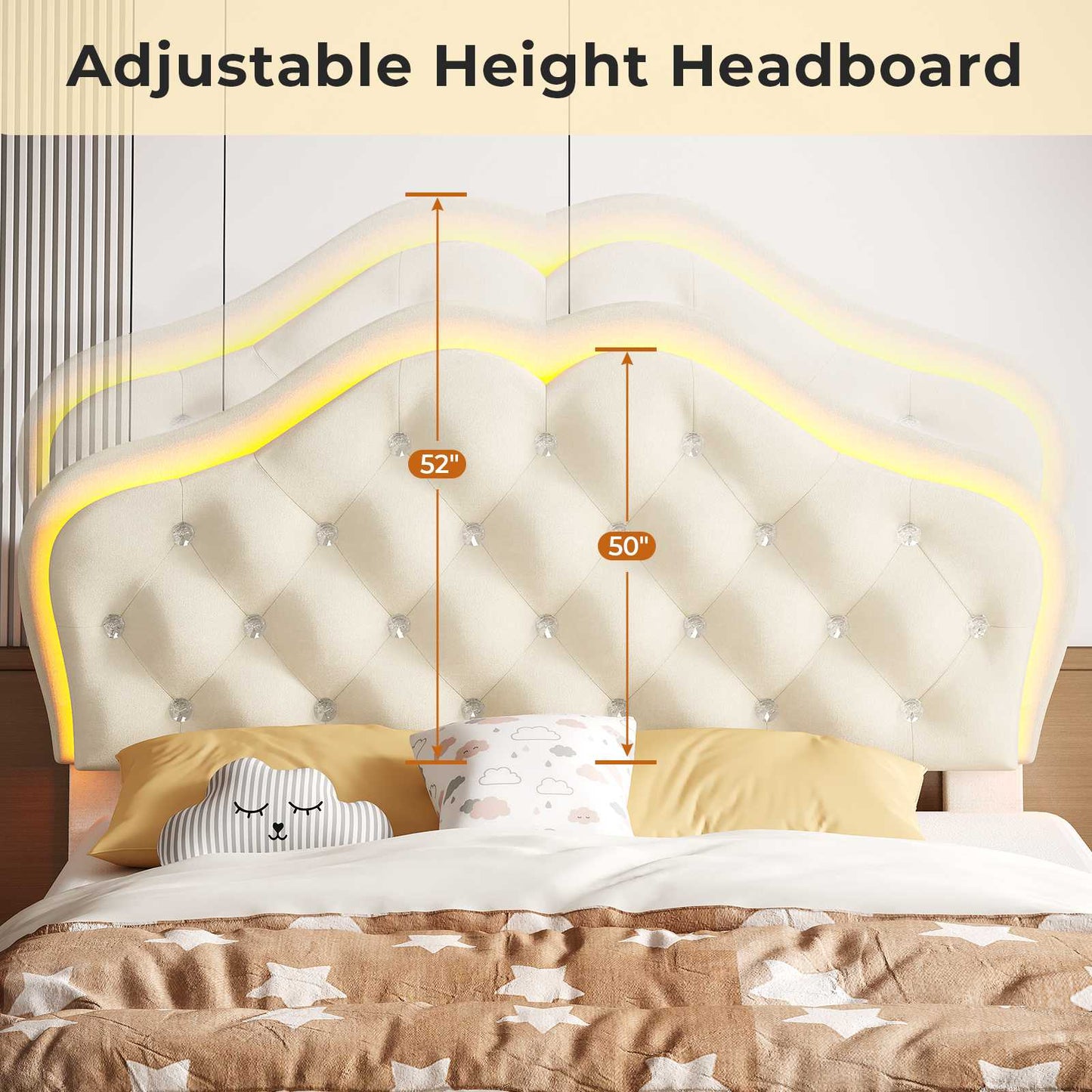 ADORNEVE Twin Upholstered LED Bed Frame with Crystal Button Headboard Girls Bed with Velvet Princess Platform and Solid Wooden Slats