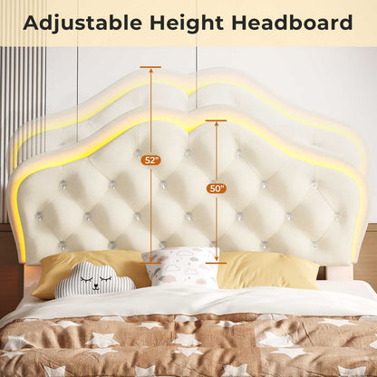 ADORNEVE Twin Upholstered LED Bed Frame with Crystal Button Headboard Girls Bed with Velvet Princess Platform and Solid Wooden Slats