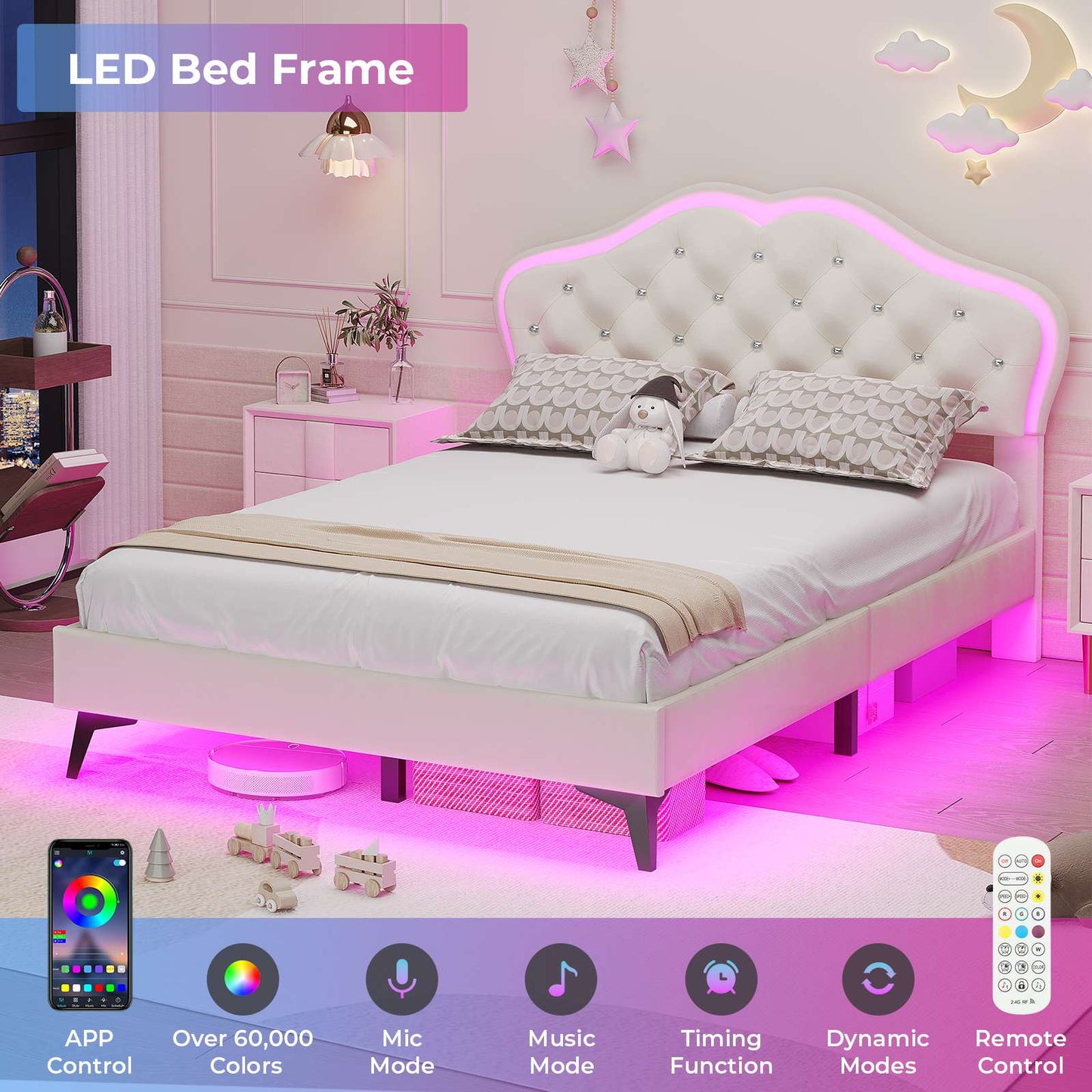 ADORNEVE Twin Upholstered LED Bed Frame with Crystal Button Headboard Girls Bed with Velvet Princess Platform and Solid Wooden Slats